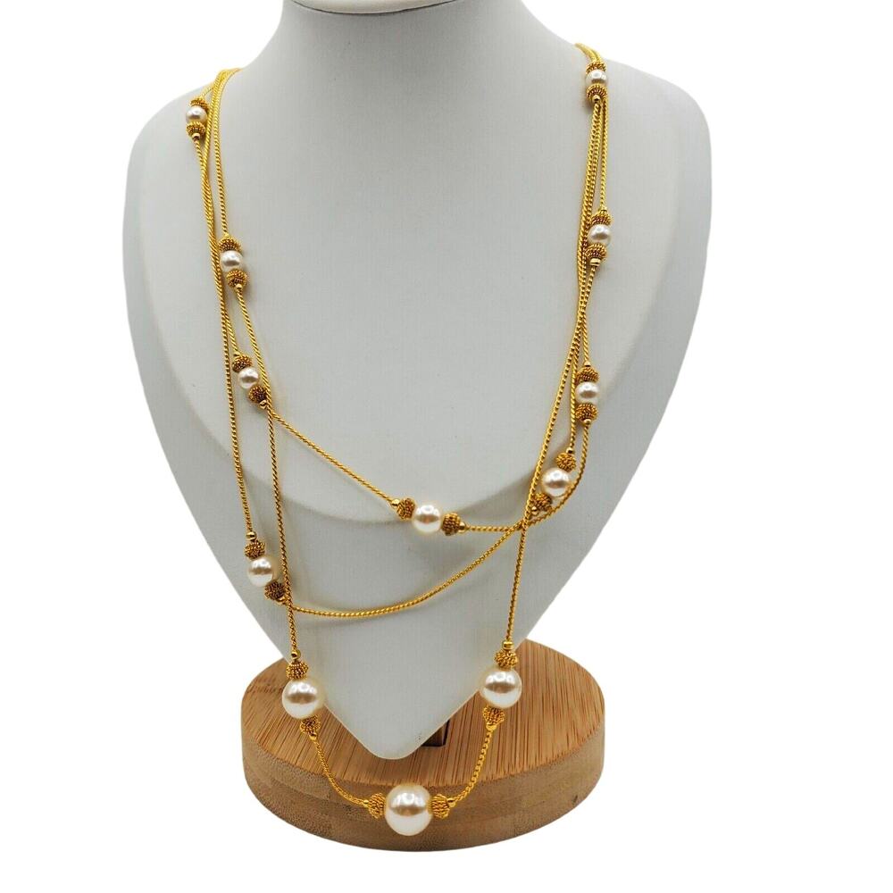 Faux Pearl Necklace Layered Gold Tone Chain Vintage Jewelry 23" L Triple Strand